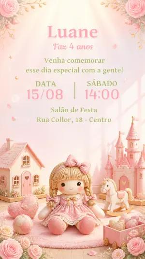 Convite de Aniversário Casa de Boneca Editável para Menina