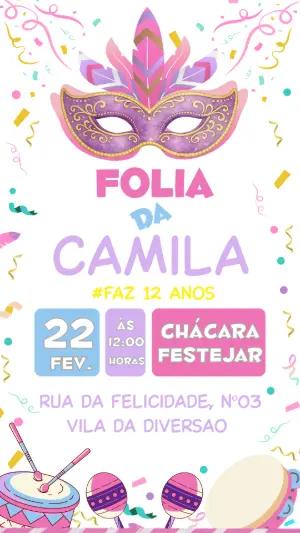 Convite de Aniversário Carnaval com Máscara Colorida para Editar