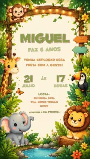 Convite de Aniversário Safari Infantil com Animais Fofos Editável