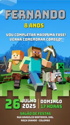 Convite de Aniversário Minecraft com Personagens para Editar