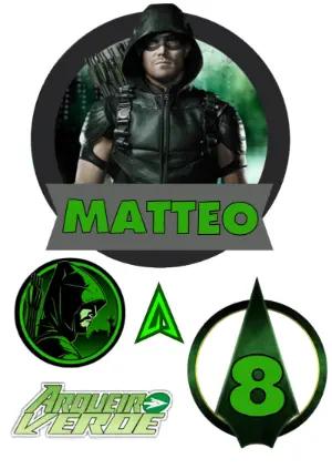 Topo de Bolo Arqueiro Verde Editável para Aniversário de Herói