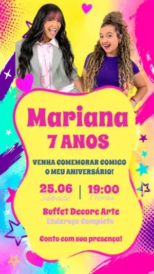Convite Aniversário Kysha e Mine Pop Colorido Modelo Editável