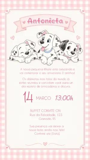 Convite de Aniversário 101 Dálmatas Rosa Editável