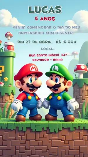 Convite Aniversário Super Mario Bros com Mario e Luigi para Editar
