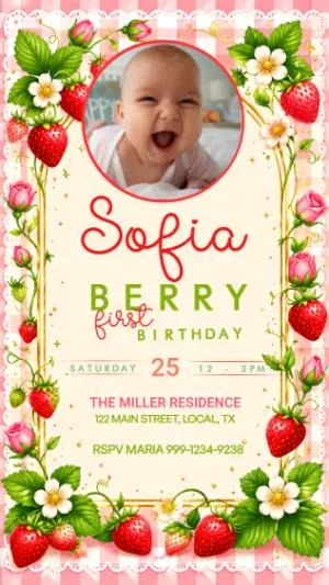 Cute Strawberry First Birthday Invitation Template