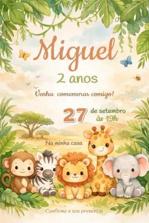 Convite de Aniversário Infantil Safari Aquarela Editável