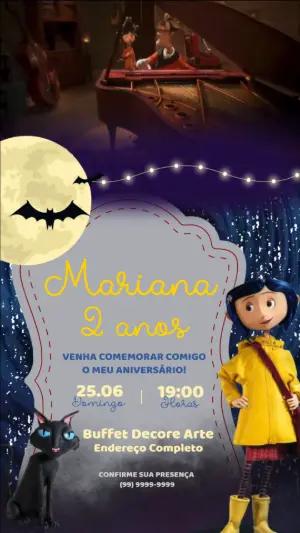Convite Animado Aniversário Coraline para Editar