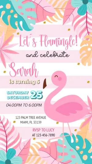 Editable Flamingo Birthday Invitation with Tropical Leaves