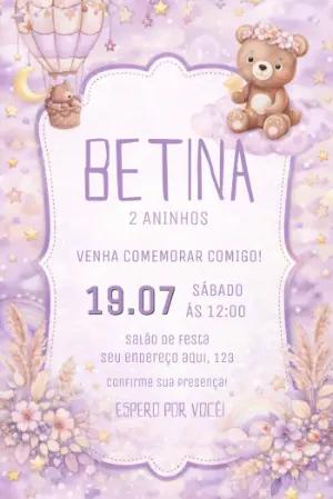 Convite de Aniversário Ursinha no Balão Lilás Boho Editável