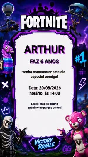 Convite de Aniversário Fortnite Editável para Menino