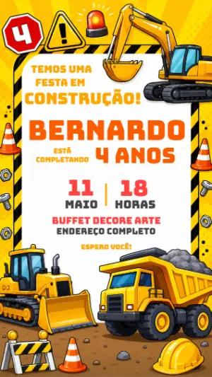 Convite de Aniversário Construção com Tratores para Editar