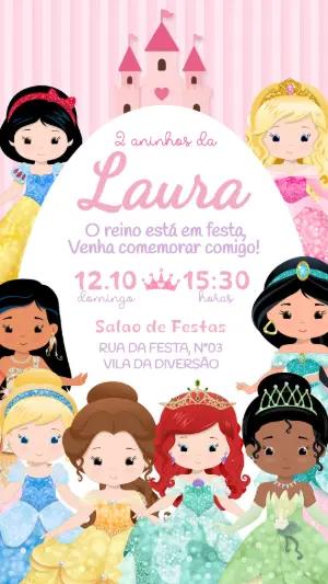 Convite de Aniversário Princesas Disney Editável para Festa Infantil