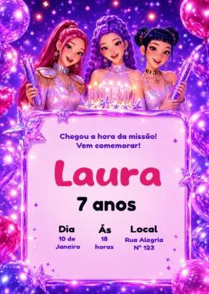 Convite de Aniversário Guerreiras K-pop Editável
