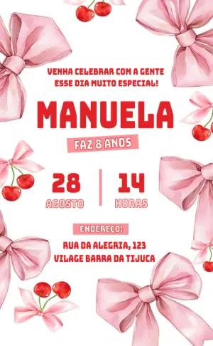 Convite de Aniversário Cereja com Laços para Editar Online