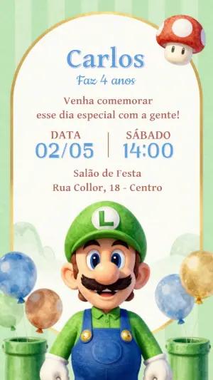 Convite de Aniversário Luigi Super Mario Editável
