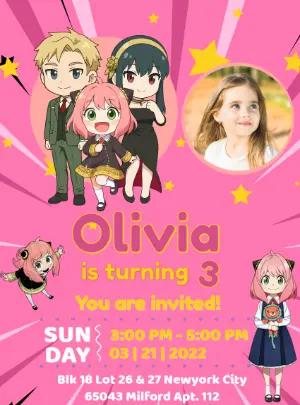 Spy x Family Anime Birthday Invitation Editable Template with photo