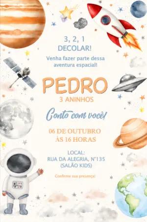 Convite de Aniversário Astronauta para Editar Online com Tema Espacial