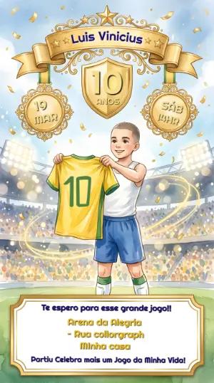 Convite Aniversário Futebol Brasil Aquarela Editável