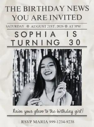 Vintage Newspaper Birthday Invitation Editable Template