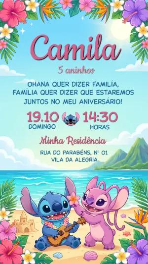 Convite de Aniversário Stitch e Angel Tropical Editável