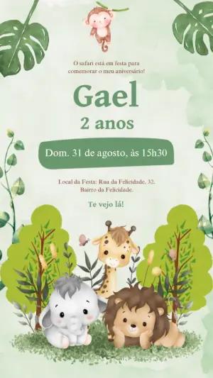 Convite Animado Aniversário Safari com Animais para Editar Online