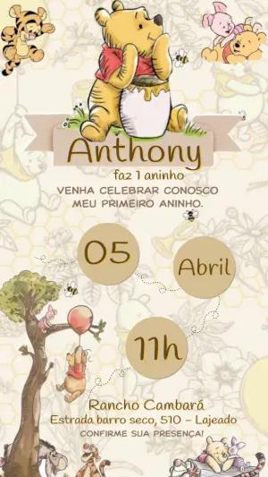 Convite de Aniversário Ursinho Pooh Fofo para Editar