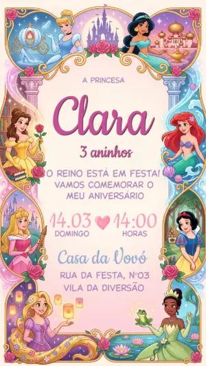 Convite de aniversário Infantil Princesas da Disney Editável