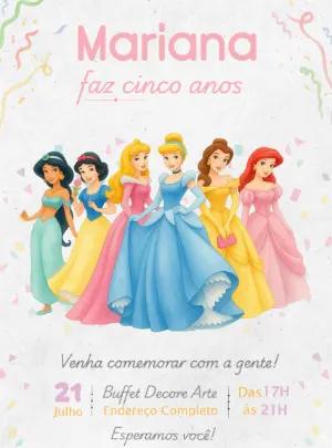 Convite de Aniversário Princesas Aquarela Modelo Editável