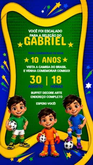 Convite Aniversário Futebol Brasil com Personagens para Editar