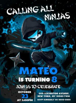 Blue Ninja Birthday Party Invitation | Editable Template