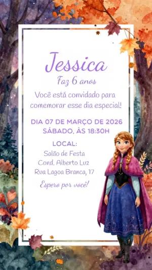Convite Digital Aniversário Anna Frozen Floresta Outono para Editar
