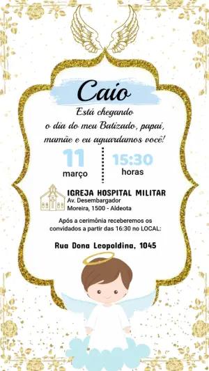 Convite de Batizado Anjinho Azul e Dourado para Editar