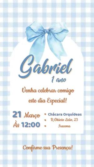 Convite de Aniversário 1 Ano Xadrez Azul com Laço Editável