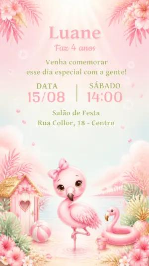 Convite Digital Aniversário Flamingo Aquarela Editável