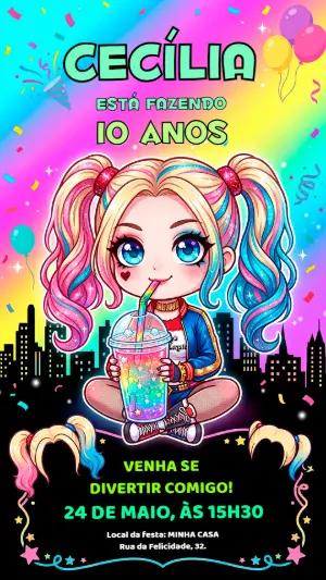 Convite de Aniversário Alerquina Chibi Editável para Menina