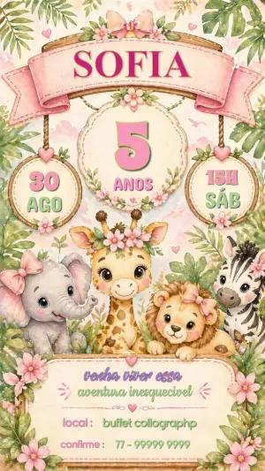 Convite de Aniversário Safari Rosa Infantil Editável
