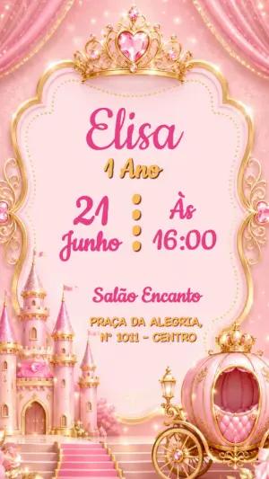 Convite de Aniversário Princesa Rosa e Dourado Editável