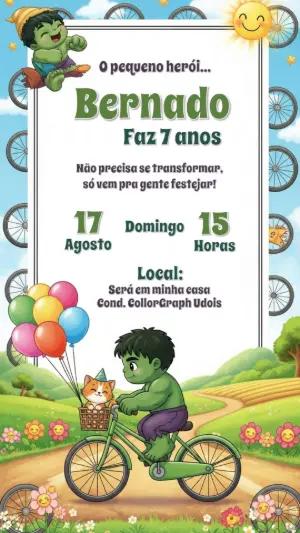 Convite de Aniversário Incrível Hulk de Bicicleta para Editar