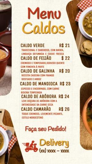 Cardápio de Caldos Rústico Editável para Restaurante