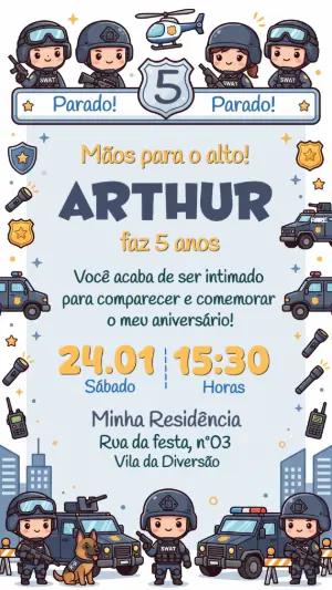 Convite de Aniversário Policial SWAT Fofo para Editar