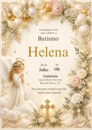 Convite Editável de Batismo com Anjo Floral Dourado