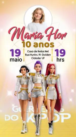 Convite de Aniversário GUerreiras do K-pop com Foto para Editar