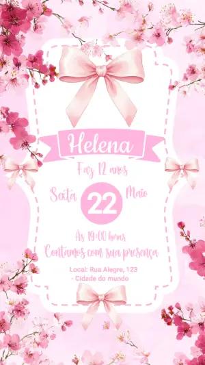 Convite de Aniversário Flor de Cerejeira Rosa Editável