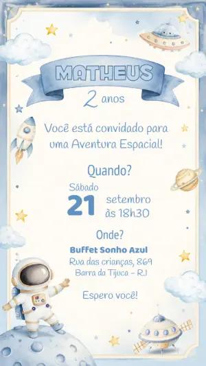 Convite de Aniversário Astronauta Aquarela para Editar