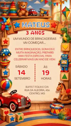 Convite de Aniversário Brinquedos Clássicos | Modelo Digital Editável