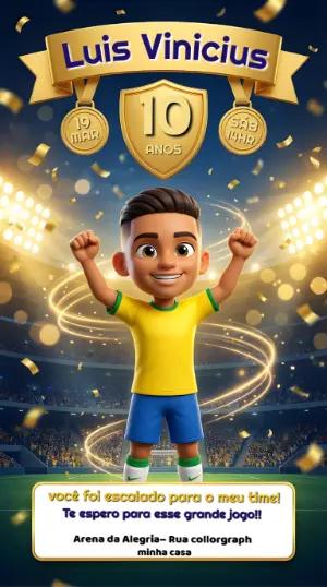 Convite Animado Aniversário Futebol 3D Jogador Editável