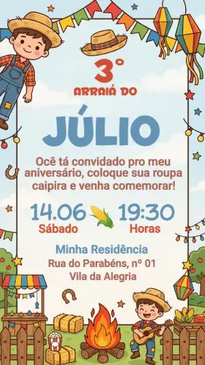 Convite de Aniversário Festa Junina Arraiá Infantil Editável