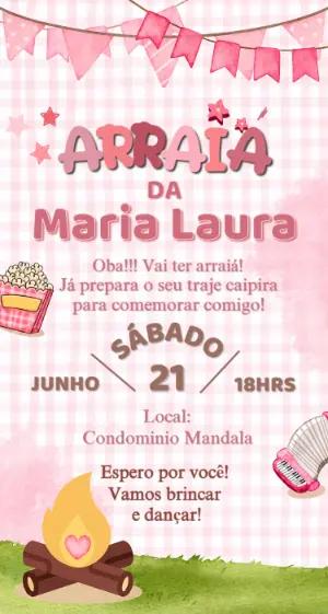 Convite de Arraiá Infantil Rosa para Editar