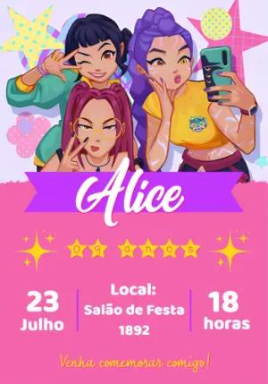 Convite Aniversário Kpop Guerreiras para Editar Online
