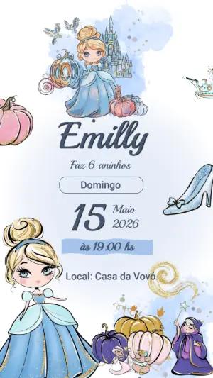 Convite de Aniversário Cinderela Aquarela para Editar